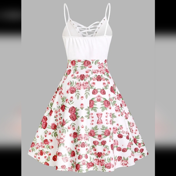 BNWT - Sexy and Cute Flower Print Cottagecore A-line Lace up Dress - Picture 2 of 5